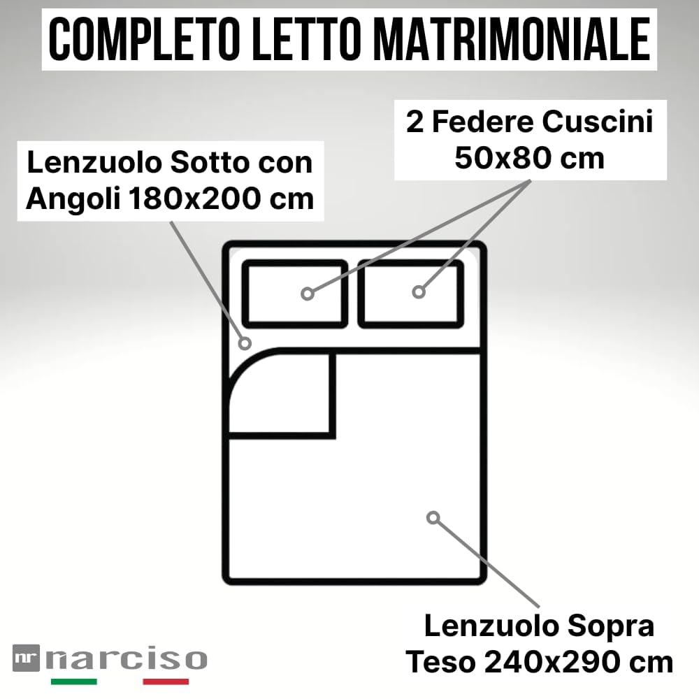 NARCISO - Lenzuola Matrimoniali 100% Cotone Made in Italy, Completo Letto Matrimoniale con Profilo Decorativo Look Moderno, Fantasia Tinta Unita in Varie Colorazioni, Nero