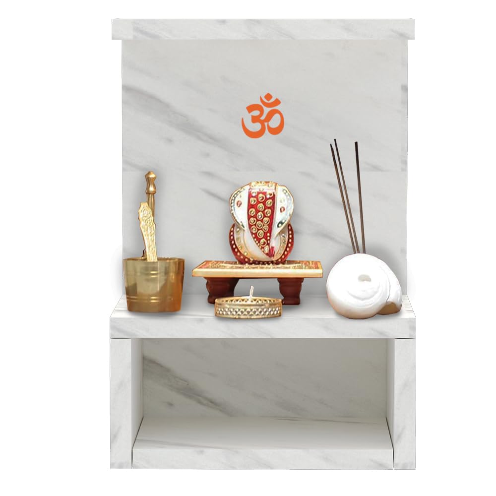 Mahmayi Modern Wooden Mandir, Temple with Single Open Shelf for Storage Pooja Essentials Sturdy Steel Legs Ideal for Home, Office, Temple - White Levanto Marble