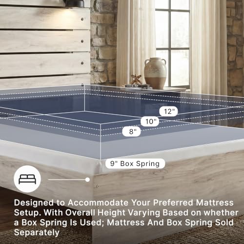 Image of Signature Design by Ashley Cambeck King Panel Bed, Built-in Lights and USB Ports, Rustic Farmhouse Design, King Size Bed Frame with Headboard, Whitewash