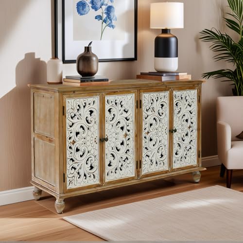 Image of Hand-Carved Wood Buffet Cabinets - Solid Wood Storage Cabinet,Entry Way Cabinet with Storage for Living Room & Kitchen,Dining Room Storage Cabinet with Doors and Shelves