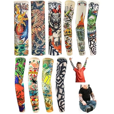 iToolai Kids Tattoo Sleeves for Boys Grils, 10 Pcs Temporary Arm Tattoo Sleeves for Children Baby, Fake Slip On Sunscreen UV Protection Cooling Arms Sleeves Cover
