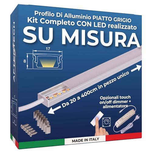 AFTERTECH Barra LED Profilo Alluminio PIATTO GRIGIO SU MISURA al centimetro da 20 a 400cm in pezzo UNICO - LUCE POTENTE 19,2w/m 180led/m - PERSONALIZZABILE - MADE IN ITALY - Sottopensile Cucina