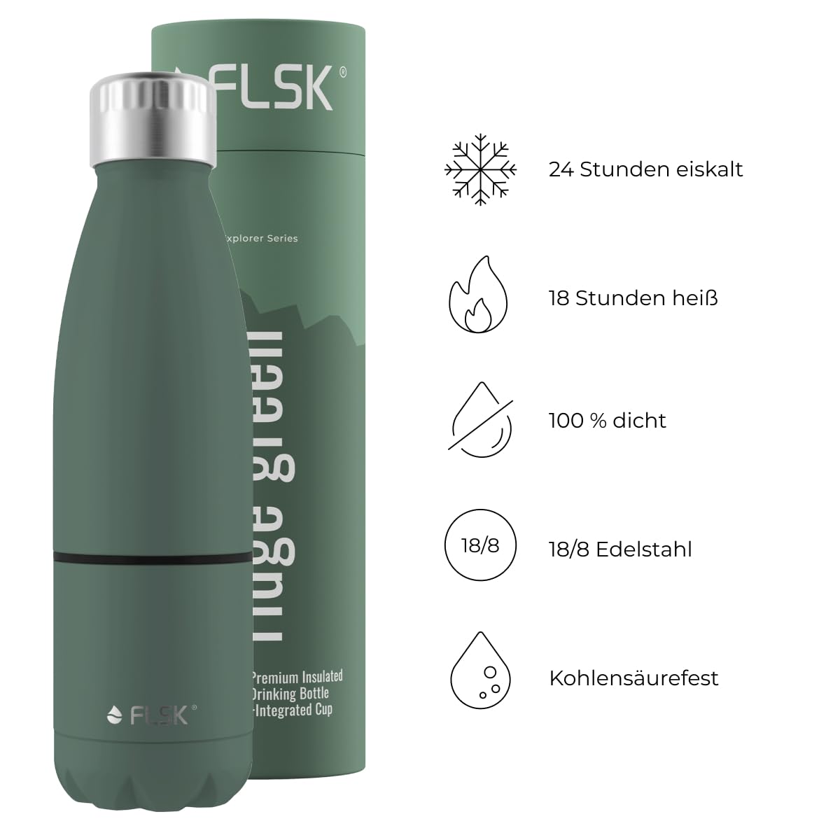FLSK Trinkflasche mit Becher – Premium Edelstahl Thermosflasche mit 2-in-1-System – 100 % auslaufsicher & kohlensäuregeeignet – hält 24 h kalt & 18 h heiß – BPA-frei (ridge green)