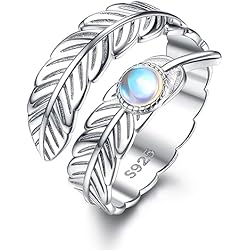 Anillo Estilo Tiffany KRFY 925 Plata de ley Anillos Ajustables para Mujer Novias Compromiso de Boda Eternidad Anillo de Piedra Lunar Plumas Alas de ángel Anillos de Pulgar Abiertos Ajustables para Mujer Hombre Plata