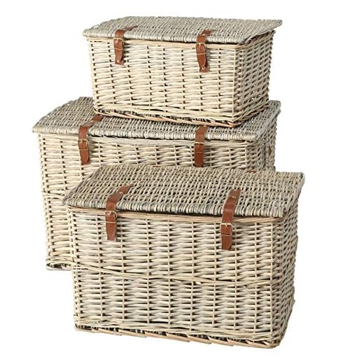 Cape Cod Wicker Trunks, Set of 3, Woven Rattan, Faux Leather Straps and Handles, Storage and Blanket Chests, Various Sizes, Hinged Tops, Chunky Weave, Distressed White Willow