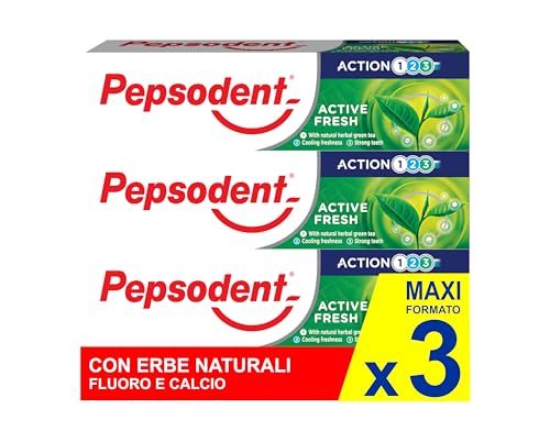 Pepsodent Active Fresh Pasta de dientes con flúor y calcio para proteger las caries dentales 24 horas 75 ml (3 x 75 ml)