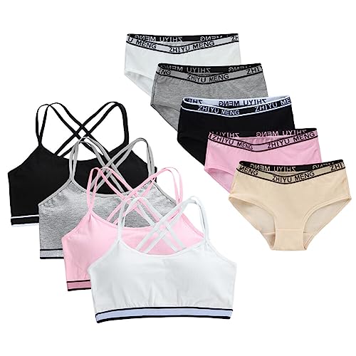SEADEAR Girls Training Bra Set, 6PCS Cotton Bra Briefs Girls Seamless Underwear Set Training Bra and Matching Panties