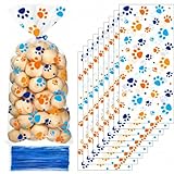 Blulu 犬用おやつバッグ 100個 子犬パーティー記念品 ペット パウコーン セロハンバッグ キャンディー ヒートシール可能 犬の足 ギフト 100個入り シルバー ツイストタイ ペット 猫 おやつ パーティーのお祝いに (ブルーとオレンジ)