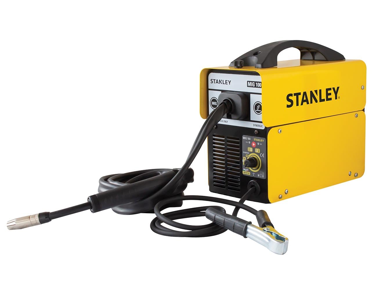 Stanley Saldatrice inverter MIG 100 230V senza gas, filo animato 0.8–0.9 mm, funzione sinergica per saldature pulite, ciclo di lavoro 60% a 100A, leggera 5 kg, efficiente e facile da usare