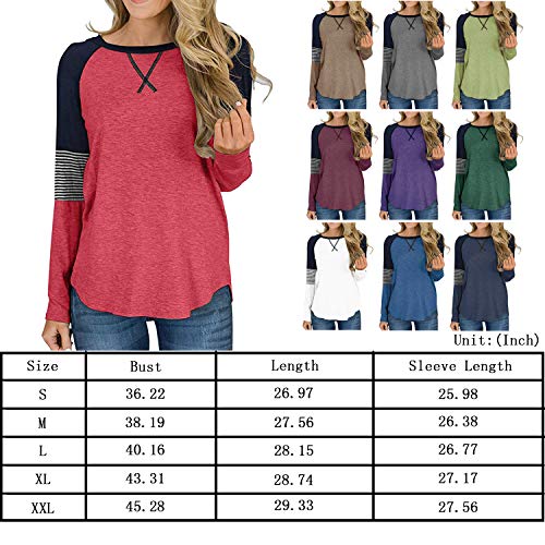 Women's Color Block Crew Neck Tunic Tops Casual Long Sleeve Pullover Shirt Blouse Red