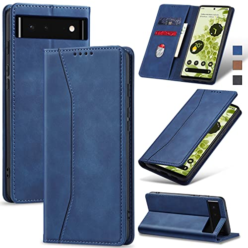 Image of Jasonyu Flip Wallet Case for Google Pixel 6 5G,Leather Magnetic Folio Cover with Card Holder,Kickstand - TPU Shockproof Durable Protective Phone Case,Blue