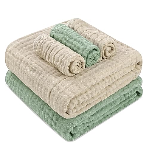 Image of HardNok Muslin Baby Bath Set - 2 Large Gauze Towels & 3 Washcloths, 6-Layer 100% Muslin Cotton for Sensitive Skin. Multi-Use as Towel & Blanket. Perfect for Baby Showers & New Moms (Warm Series)