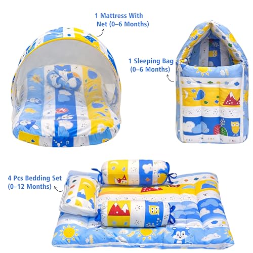 Image of Fareto Combo of Baby Bed with Net | Carry Bag | 4 Pcs Bedding Set (0-6 Months, Baby Size, Cotton) (Blue Fox)