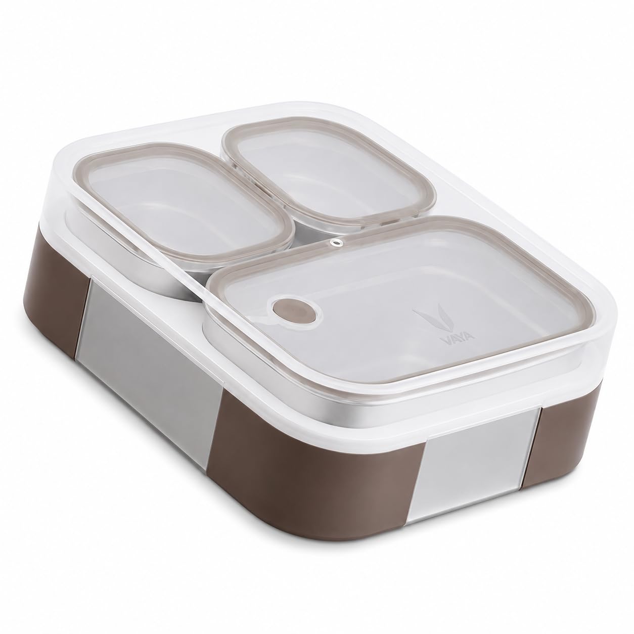 VAYA Tydbyt Stainless Steel Tiffin Box for Men; Kids Girls; 1 Large & 2 Small Compartments; Bento Lunch Box; 650ml Smart Portions for Balanced Meals; Brown