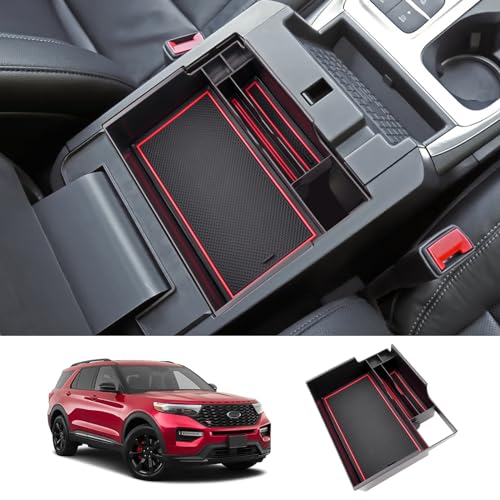 Image of LUWU for Ford Explorer Accessories Center Console Organizer 2020-2024 Ford Explorer XLT /Limited /Active /ST-Line /ST /Platinum Armrest Organizer Insert Tray Armrest Console Organizer (Red)