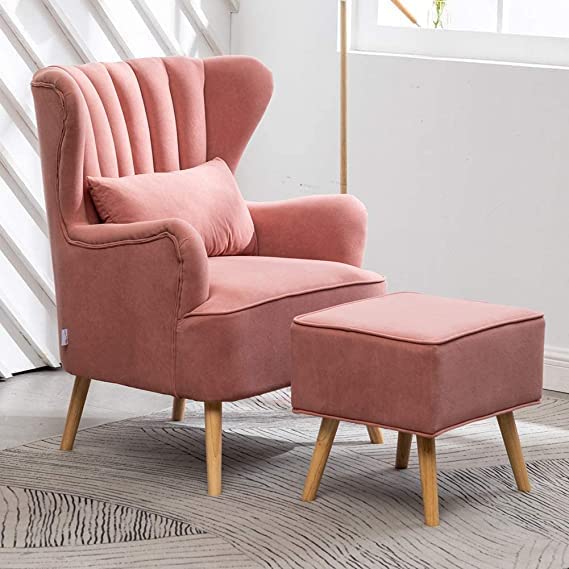 Image of Wing Chair for Living Room and Bedroom - High Back Cushioned Lounge Single Seater Sofa - Luxury Rest Arm Chair (Colour Pink)