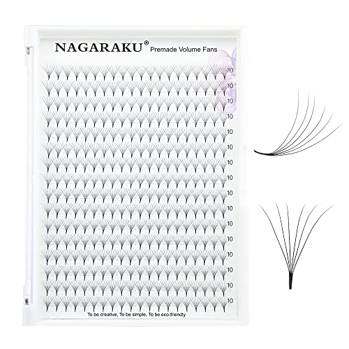 NAGARAKU Eyelash Extensions 320 Clusters Premade Fans Russian Volume Long Stem Premade Fans Thin Pointy Base Natural Pre Fanned Fluffy False Eyelash Black 16 Rows (6D 0.07 D Curl 10mm)