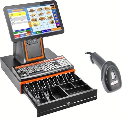 Caja registradora inteligente, caja registradora, pantalla grande de 15,6 pulgadas, impresora incorporada, teclado de cajero dedicado y pantalla digital LED para clientes.