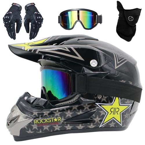 Casco de Motocicleta Para Adultos Y NiñOs, con Gafas, Guantes Y MáScara, Casco Integral Para Todoterreno, Descenso, Moto de Cross, ATV, BMX, Bicicleta de MontañA, Quad, Aprobado Por DOT(Aa,M(54-55cm))