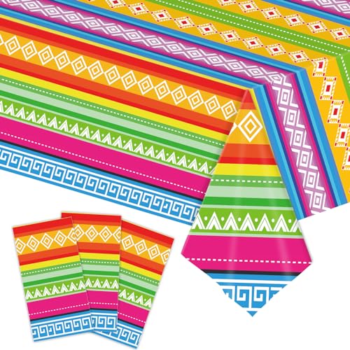 Image of 3-Piece 54 x 108 Inch Cinco De Mayo Fiesta Plastic Tablecloth - Mexican Taco Night Colorful Stripe Patterns, Disposable Rectangle Table Cover for Dining Picnic Table Cover Indoor Outdoor Decoration