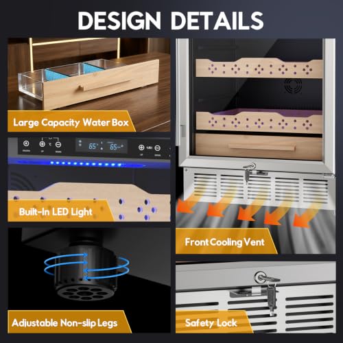 Image of Tylza Humidor Cabinet 142L, 24-inch Temp & Humidity Control Electric Humidors, 1000 Counts, Silent Compressor, Undercounter or Freestanding, Safety Lock, Humidors with 3 Spanish Cedar Wood Drawers