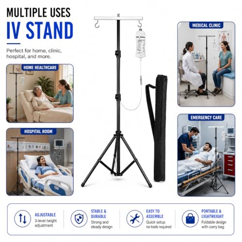 Image of 6ft Adjustable Iron IV Drip Stand with 2 Hook Holder & Carry Bag, Portable Saline Glucose Stand, Hospital IV Pole for Clinic, Home Care, Patient Room & Medical Use