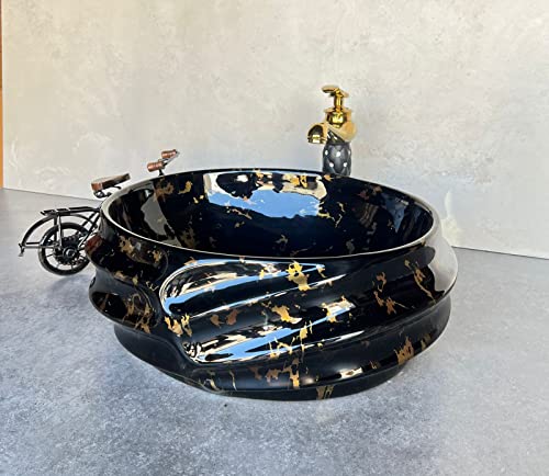 Image of Designer Glossy Finish Ceramic Art Table Top Wash Basin For Bathroom | Collapsible Countertop Washbasin (Black White Glossy Art, 16 x 13 x 6 Inch)