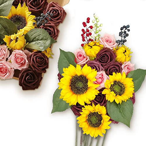 Sonnenblumen, künstliche Blumen für Dekoration, Burgunderrosen, rosa Schaumblumen, Kombi, DIY, Hochzeitssträuße, Babyparty, Tafelaufsätze, Blumenarrangements, Partytische, Heimdekorationen Cover