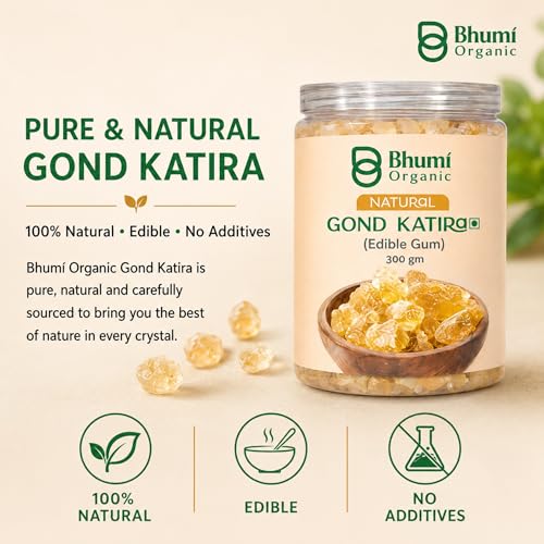 Image of Bhumi Organic Gond Katira (Tragacanth Gum) 300g | Natural Edible Gum for Summer Drinks, Body Cooling Ayurvedic Superfood, Gluten-Free