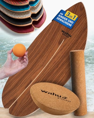 WAHU Balance Board Burning Wooden Brown | 3in1 Set | Surf Balance Board aus 100% Holz mit Rocker Shape & Rolle | Gleichgewichtstrainer f&uuml;r Kinder & Erwachsene | Fitness & Spa&szlig; Zuhause