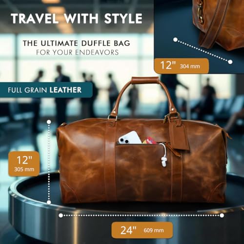 ELIZO Large Leather Duffle Bag For Men Women Big REAL FULL GRAIN Travel Overnight Weekender Carry On Luggage Sports Gym Bags (Tan 24 Inch) Heritage2