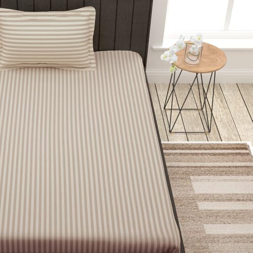 Image of evan Cotton Plain Stripe Single Bedsheet with One Pillow Cover (60 * 90 Inches) (Pack of 1) (Cream)