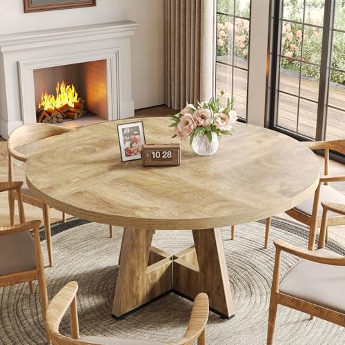 Image of LITTLE TREE Round Dining Table for 4-6 People, 47 Inches Dining Room Table with Wooden Pedestal Base, Circle Kitchen Tables for Dining Room, Kitchen, Living Room, Oak