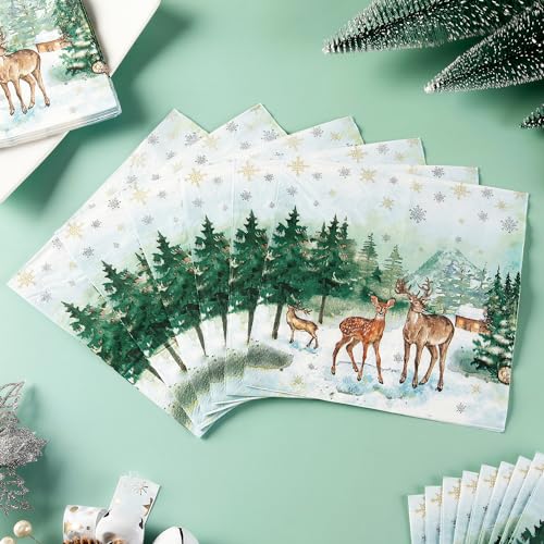 Quera 50 Pack Christmas Paper Napkins 6.5'' x 6.5'' Winter Watercolor Pine Forest Elk Paper Snowflake Dinner Napkin Xmas Party Supplies Reindeer Disposable Napkin for Holiday Party Dinner – Image 4