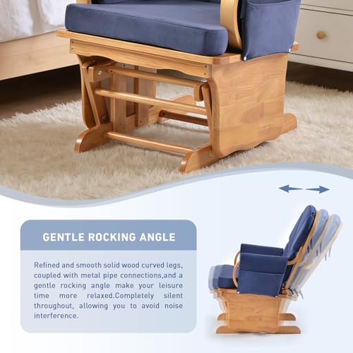Image of Wood Glider Rockers, Glider Rocking Chair, Nursing Glider with Solid Hardwood Frame for Nursery Living Room Bedroom Classroom (Beech Wood Color + deep Blue)