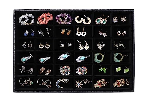 Image of Wudygirl 36 Grid Jewelry Tray Showcase Display Stackable Jewelry Organizer for Earrings Brooch Buttons Rings, Black Velvet Removable (Jewelry Tray)