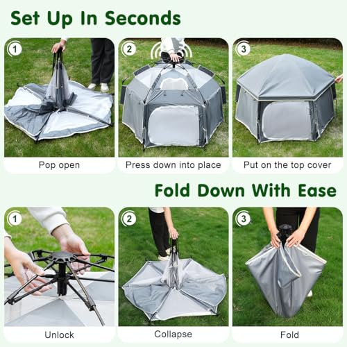 Image of Pop Up Playpen for Baby, 150*100 cm(L*H) Playpen for Babies and Toddlers with Removable Sun-Shades& 2 Side UV Covers, Lightweight Outdoor Baby Play pen for Beach Home with Travel Bag,Light Gray