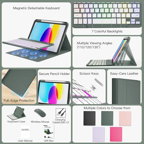 Image of RAYMCRAFT for iPad 11th (A16, 2025) / 10th Generation Case with Keyboard, Mouse and Detachable Wireless Keyboard, 7-Color Backlight, Slim Case with Pencil Holder, Dark Green