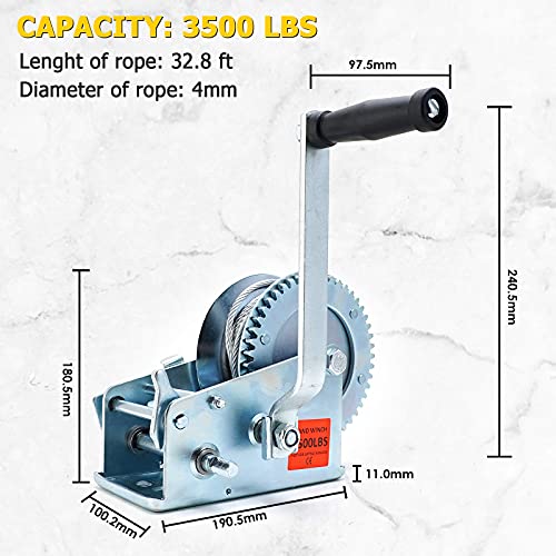 AUXMART Hand Crank Winch 3500lbs Boat Trailer Winch with 32.8 FT Wire Rope and Hook, 2 Ways Hand Cable Crank Winch for ATV, Trailer, Boat, Truck - Image 2
