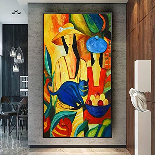 ZMFBHFBH Encadré Wall Art Mode Femme Wall Art Lumineux Coloré Contemporain Picasso Or Peinture À L'huile Sur Toile Mur Photos 60x120cm (24x47in) Avec Cadre