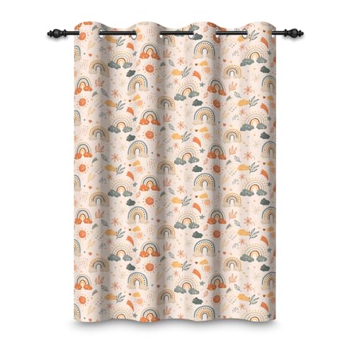 ggaimwf 107x160cm Cortina opaca con dibujos arcoíris para dormitorio infantil Estilo boho Cielo rosa Flor Hoja Ojales Cortinas para ventanas Bebés niñas Sala de juegos Sala de estar,1 panel individual