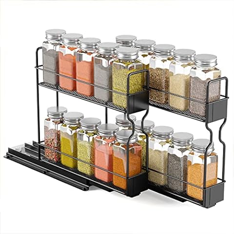 SpaceAid Pull Out Spice Rack Organizer with 20 Jars for Cabinet, Heavy Duty Slide Out Seasoning Organizer for Kitchen Cabinets, with 415 Labels and Chalk Marker, 2 Drawers 2-Tier Cover