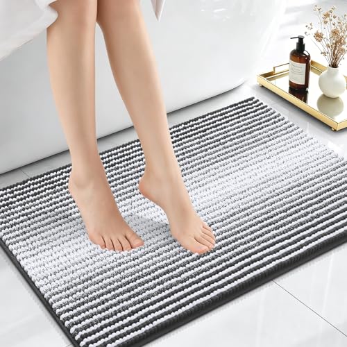 Image of OLANLY Small Bathroom Rugs 24x16, Extra Soft Absorbent Chenille Striped Bath Rugs, Rubber Backing, Machine Wash Dry, Bath Mats for Bathroom Floor, Tub and Shower, Home Decor Accessories, Dark Grey