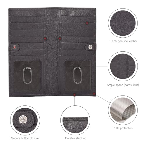 Image of Real Leather Long Bifold Wallet for Men & Women - RFID Slim Bi Fold 12 Credit Card Holder 2 ID, Gift for Mens & Womens, Brown 2, Small, Wallet