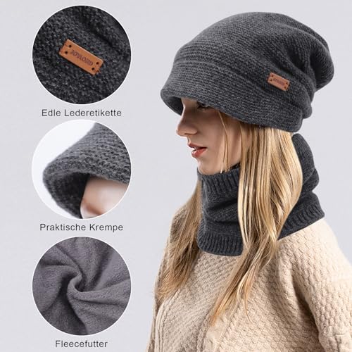 Fjquamitix Winter Mütze Damen mit Schal Set, Strickmütze für Damen mit Visier und Weichem Innenfutter, Warme Herbst Mütze und Schal Kombinationsset