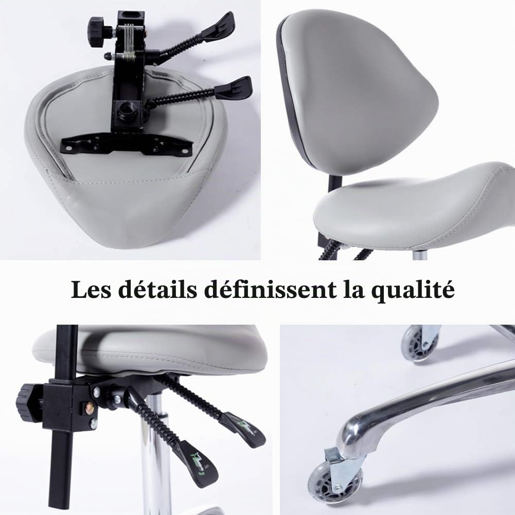 Selle hydraulique à roulettes réglable - Robuste (204 kg) - Pour salon de beauté, massage, clinique et bureau - Gris