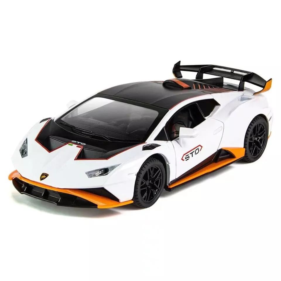 Image of DEOXY 1 /24 Big Lamborghini Huracane STO Toy Car - Metal Pull Back Diecast Model with Openable Doors, Sound & Lights for Kids and Collectors (STO White)