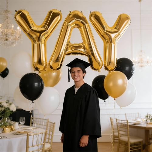 Image of 40Inch Gold YAY Balloons, Giant YAY Letter Foil Mylar Balloon Banner, Gold Congratulations Balloons for Congrats Grad Class of 2026 Graduation Birthday Engagement Wedding Baby Shower Party Decorations