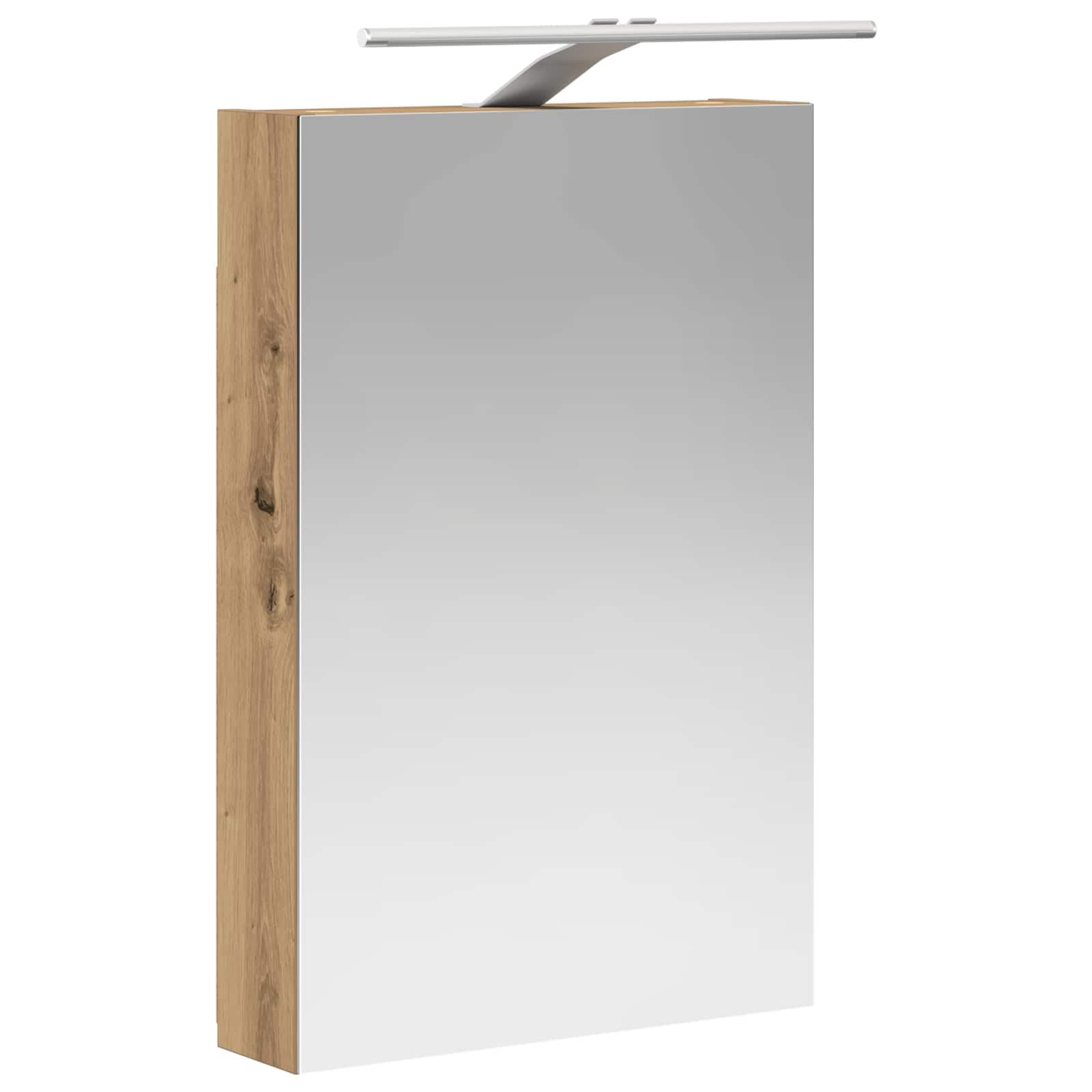 Armario con espejo de baño con estante y puerta en madera de roble artesanal, 40 x 10,5 x 60,5 cm, con tiras LED y espejo de dos vías para muebles de baño, espacio de lavado, espacio de