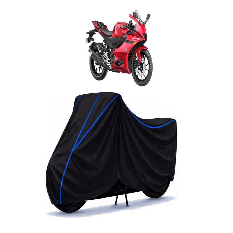 Image of YZF R15 v2.0 Street Bike Cover Water Resistant Universal Motorcycle Rain | Heavy Duty UV Protection, Dust, Scratch Indoor Outdoor All Weather with Black Blue Piping Elastic